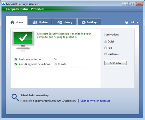 Главная страница Microsoft Security Essentials.